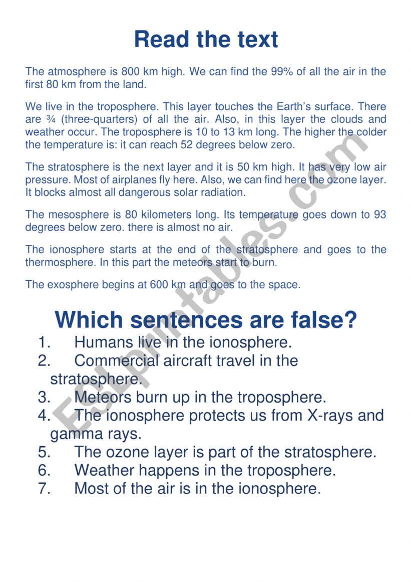 Layers of the atmosphere  worksheet