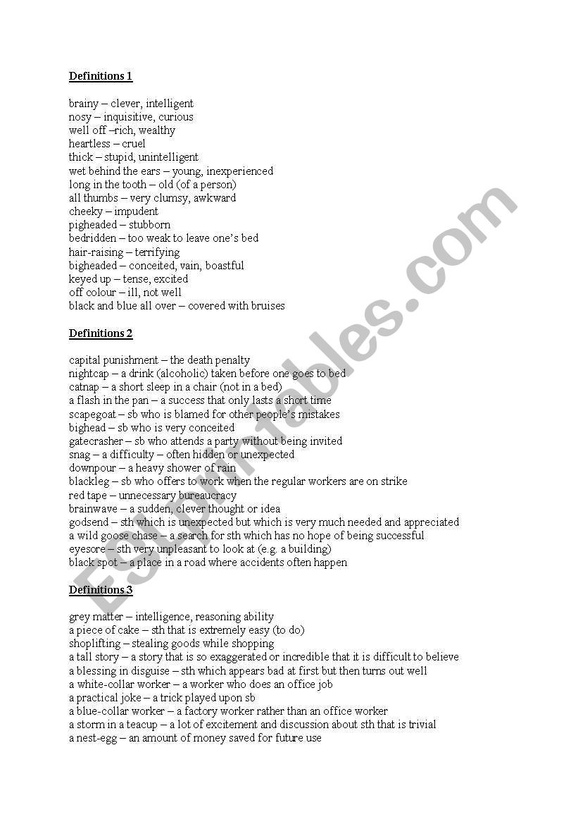 Idioms - Definitions 1 worksheet