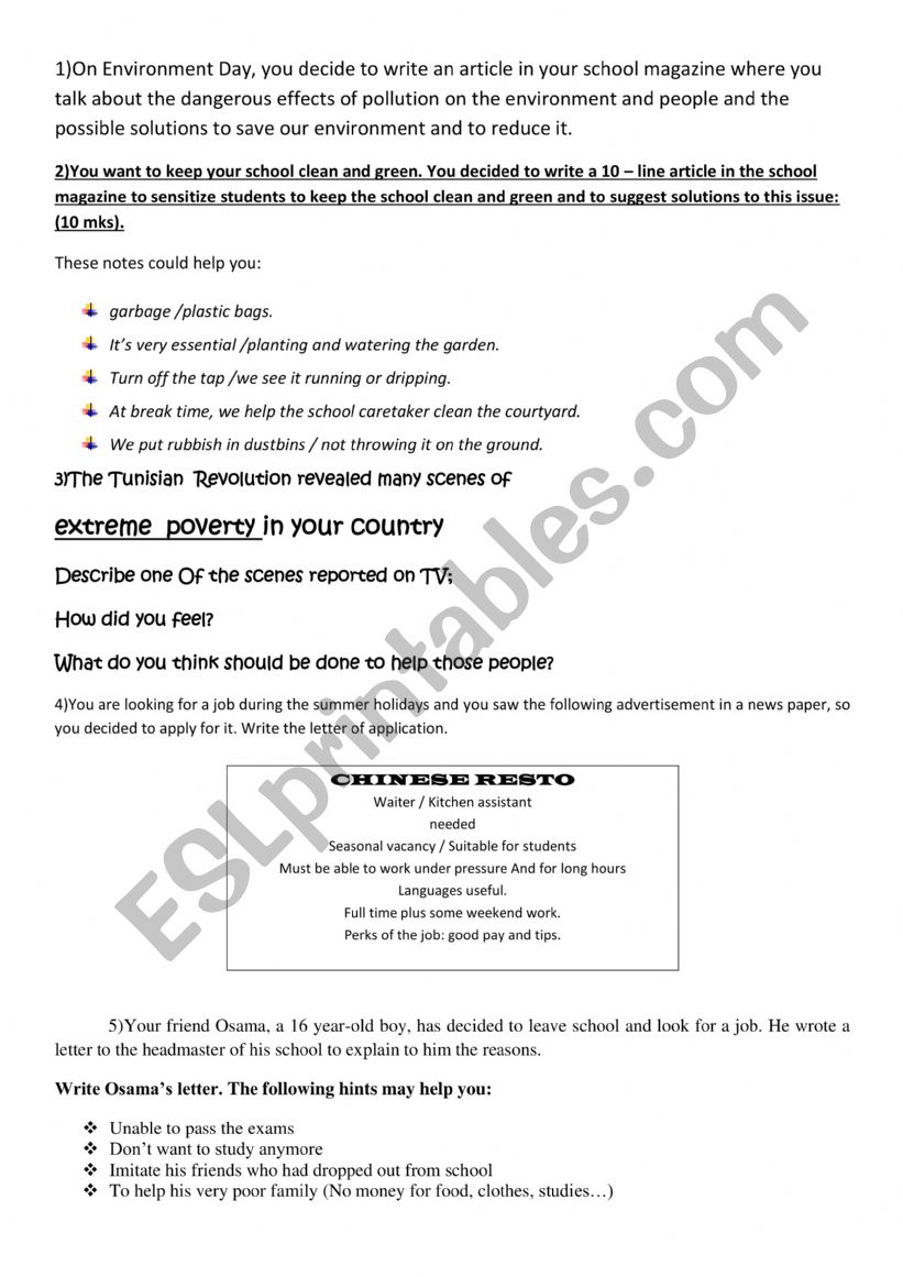 writing part worksheet