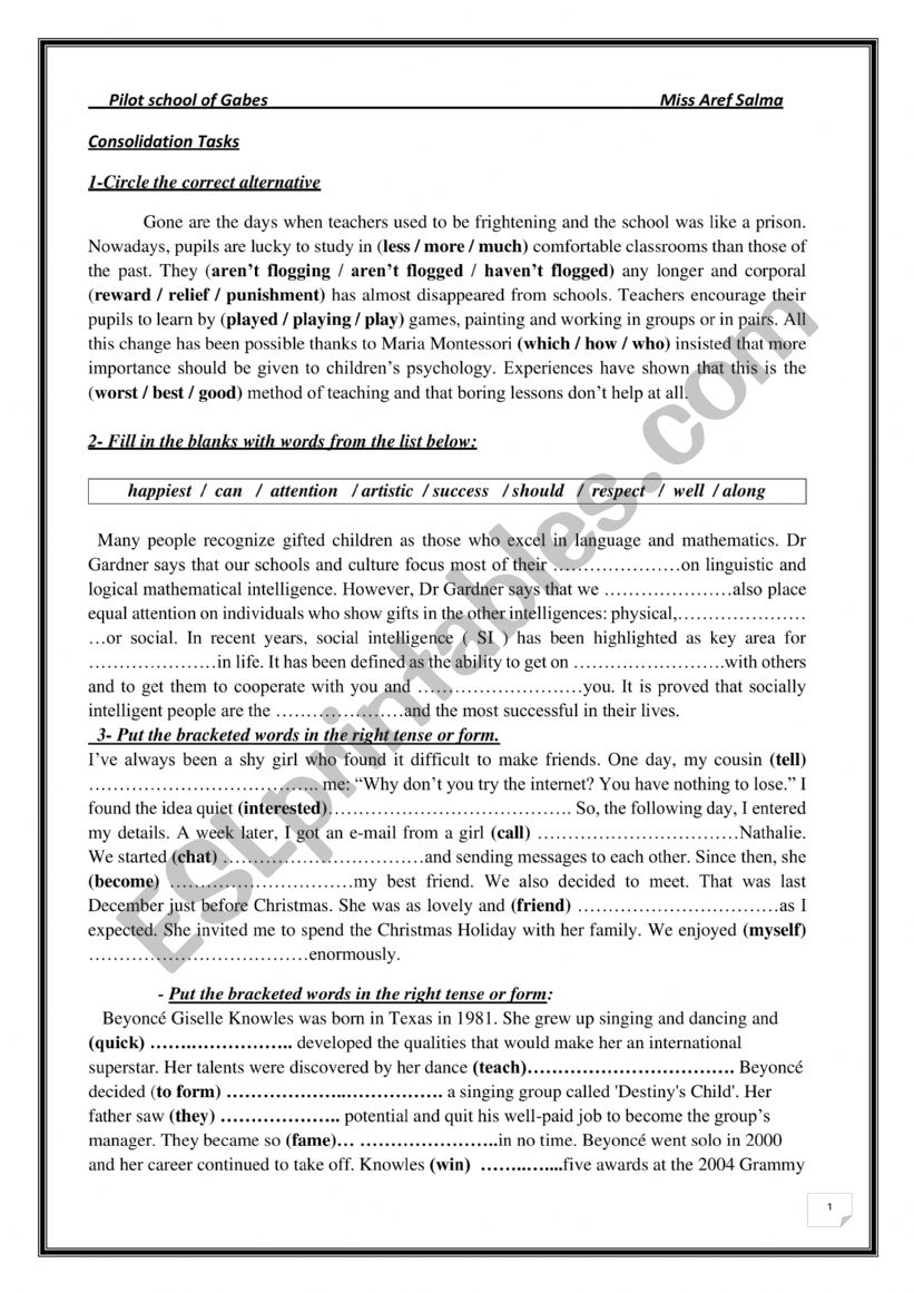 review tasks worksheet