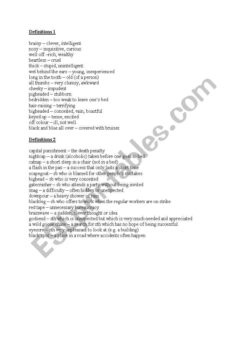 Idioms - Definitions 2 worksheet