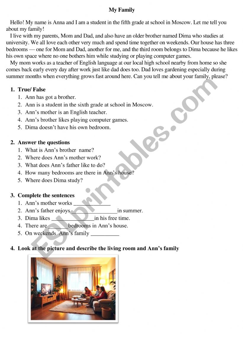 My family 6th form worksheet