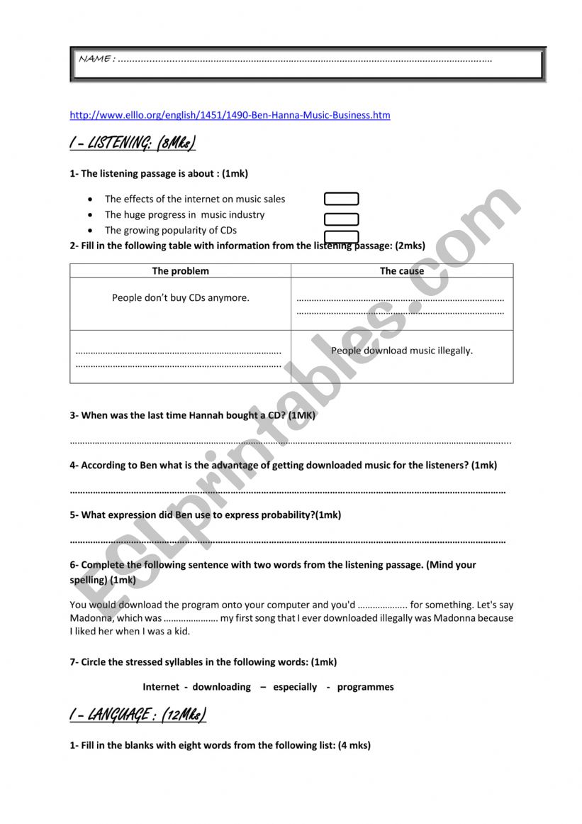 mid term test n2  2nd year worksheet