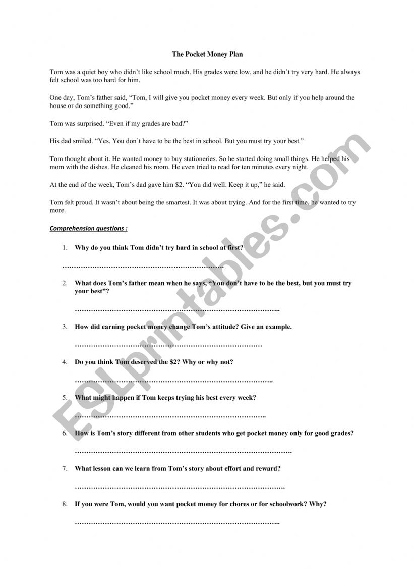 pocket momey worksheet