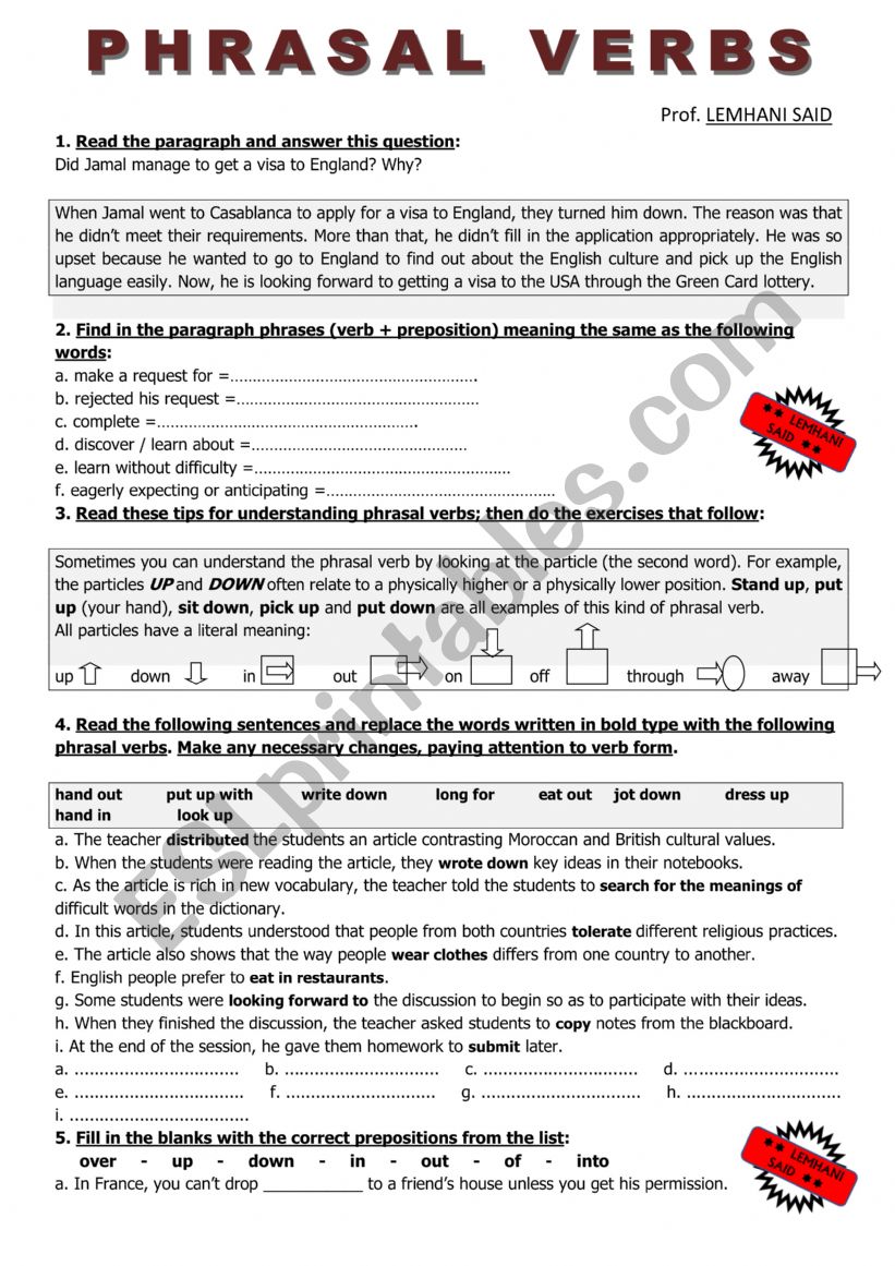 PHRASAL VERBS worksheet