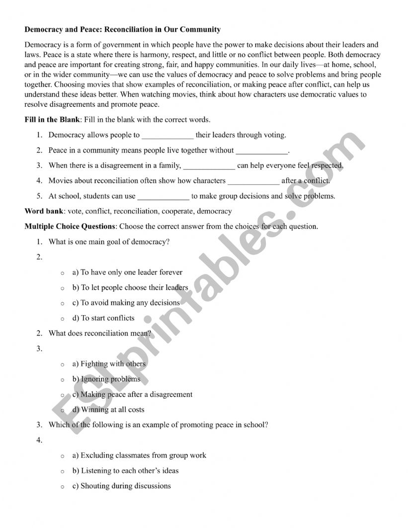 DEMOCRACY AND PEACE worksheet