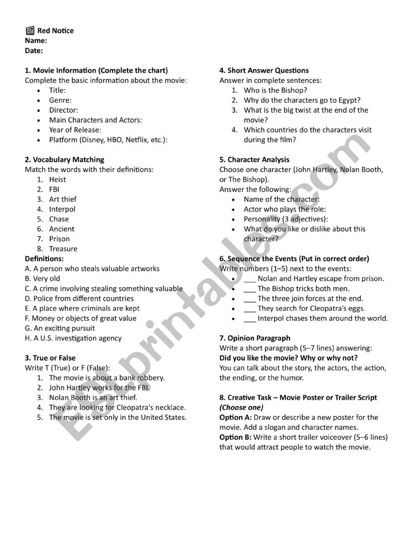 Red Notice Movie worksheet