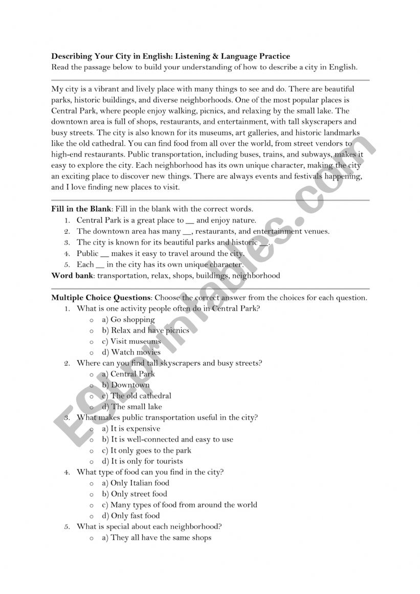 describing city worksheet