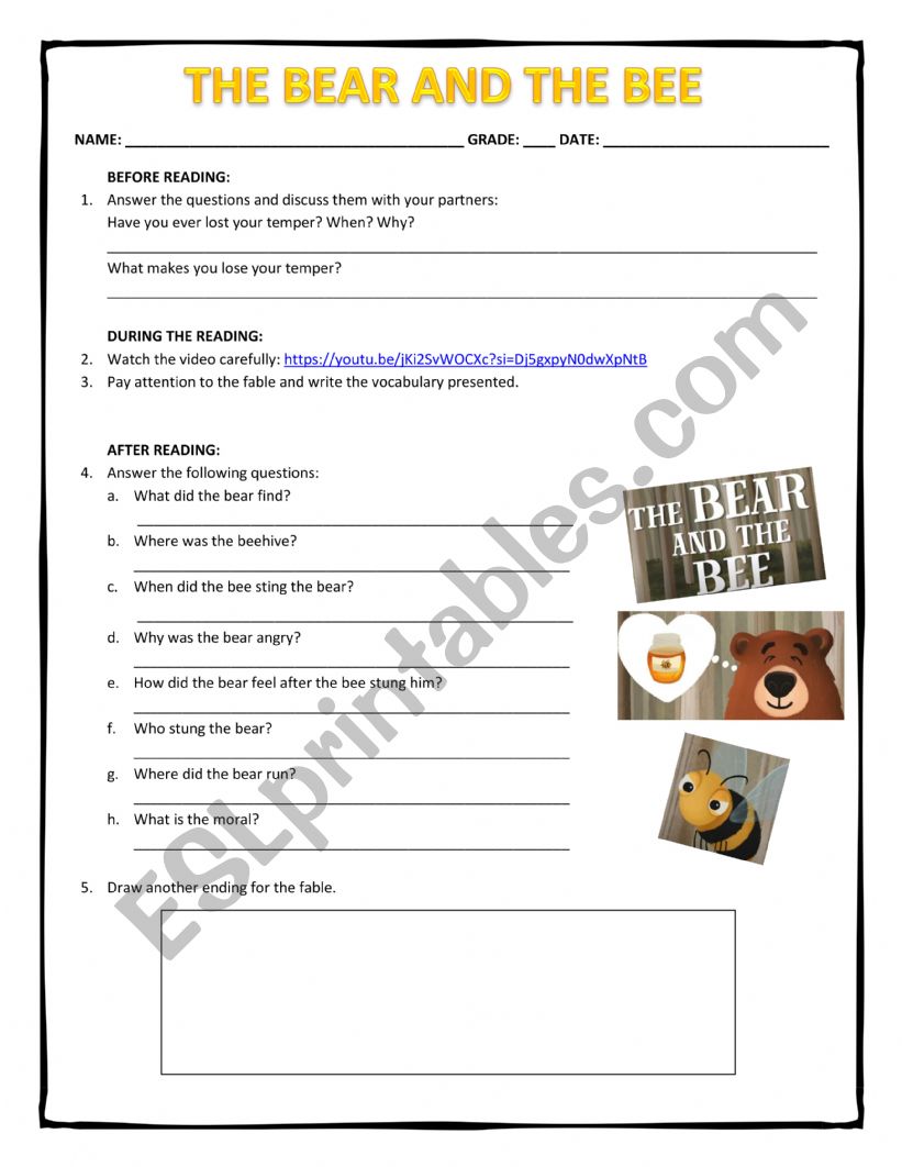 THE BEAR AND THE BEE worksheet