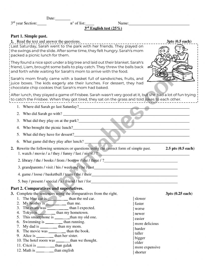 SIMPLE PAST/COMPARATIVES/SUPERLATIVES/WILL test