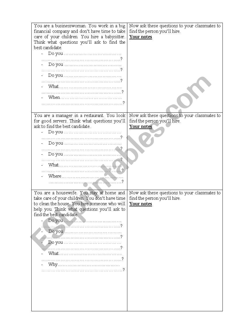 Hiring a person worksheet