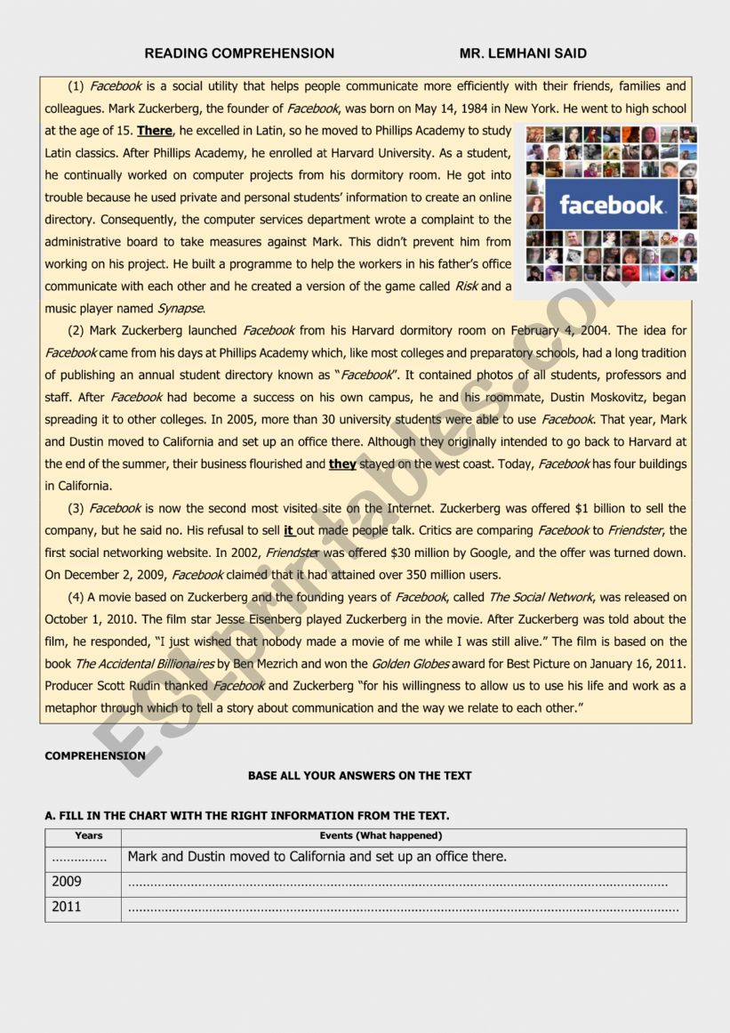 FACEBOOK worksheet