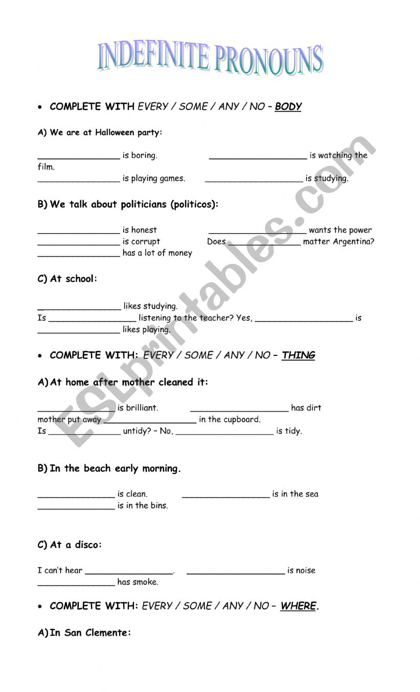 Indefinite Pronouns worksheet