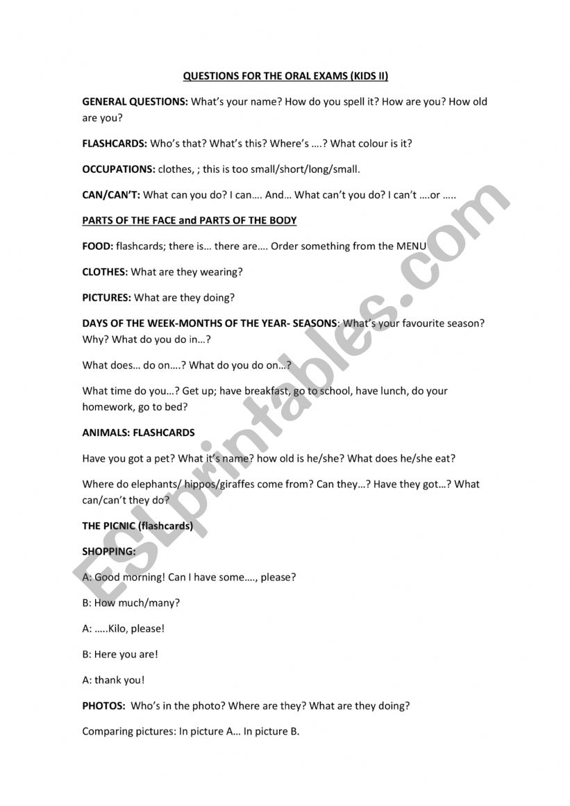 QUESTIONS FOR ORAL INTEGRATION FOR KIDS