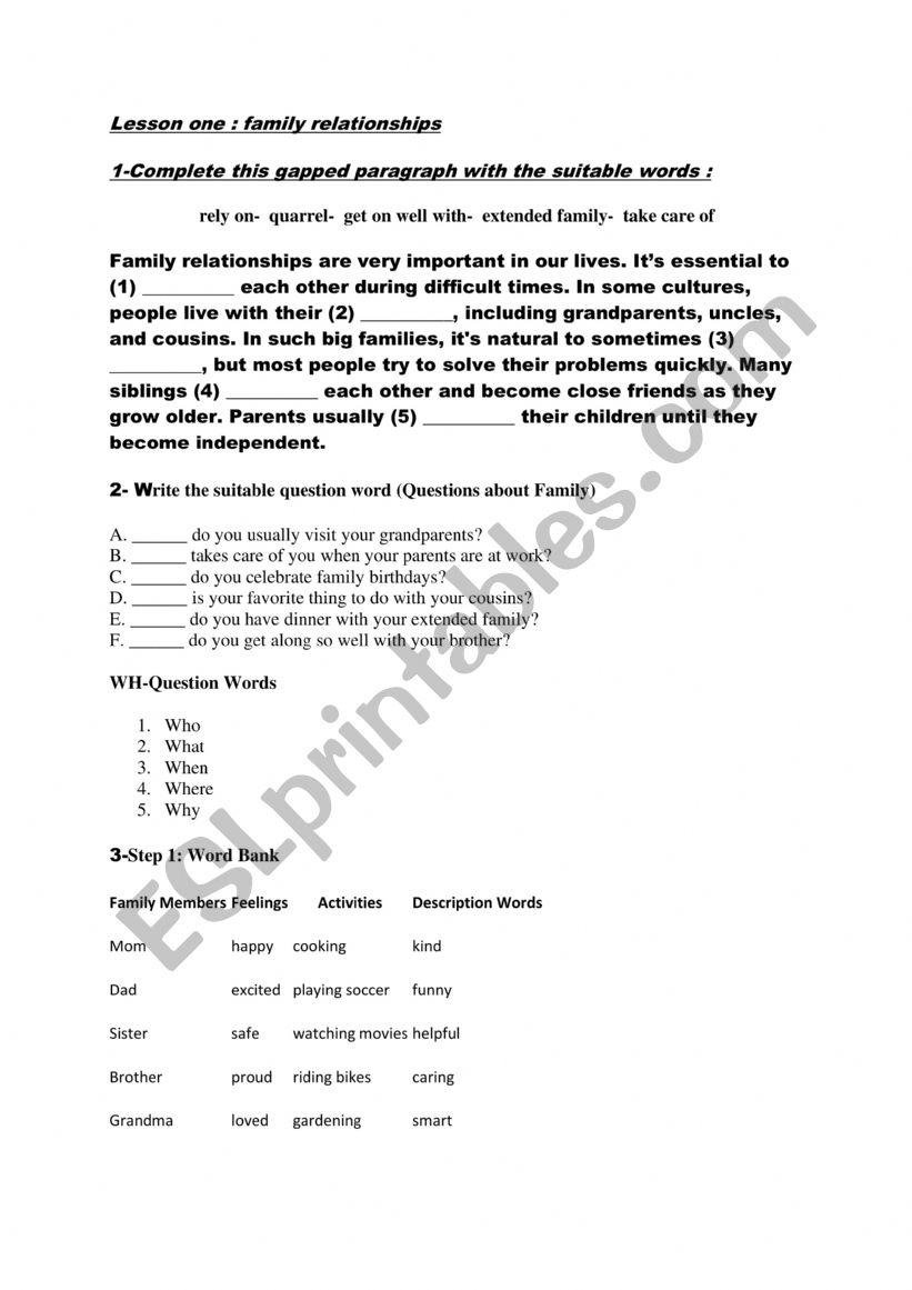 9th form family relationship worksheet