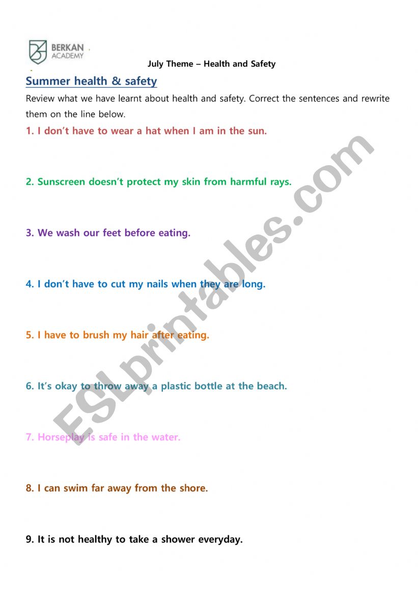 Health and Safety worksheet