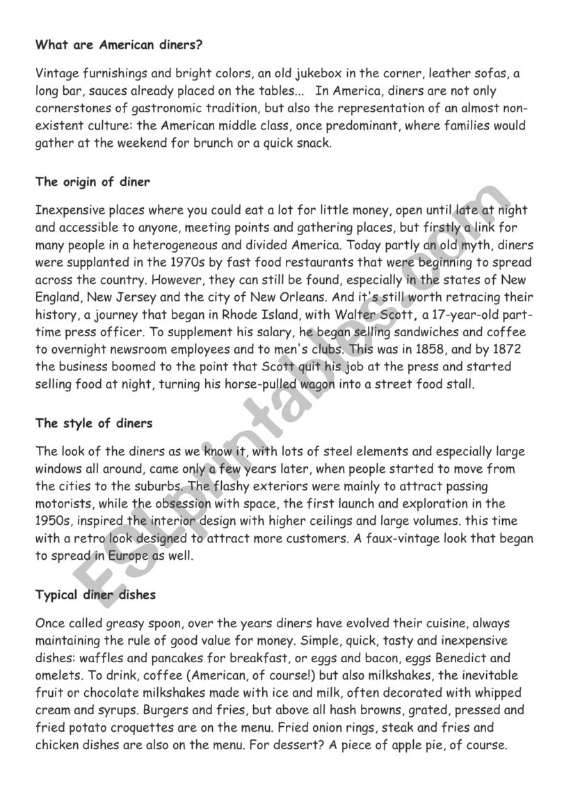 What are American diners worksheet