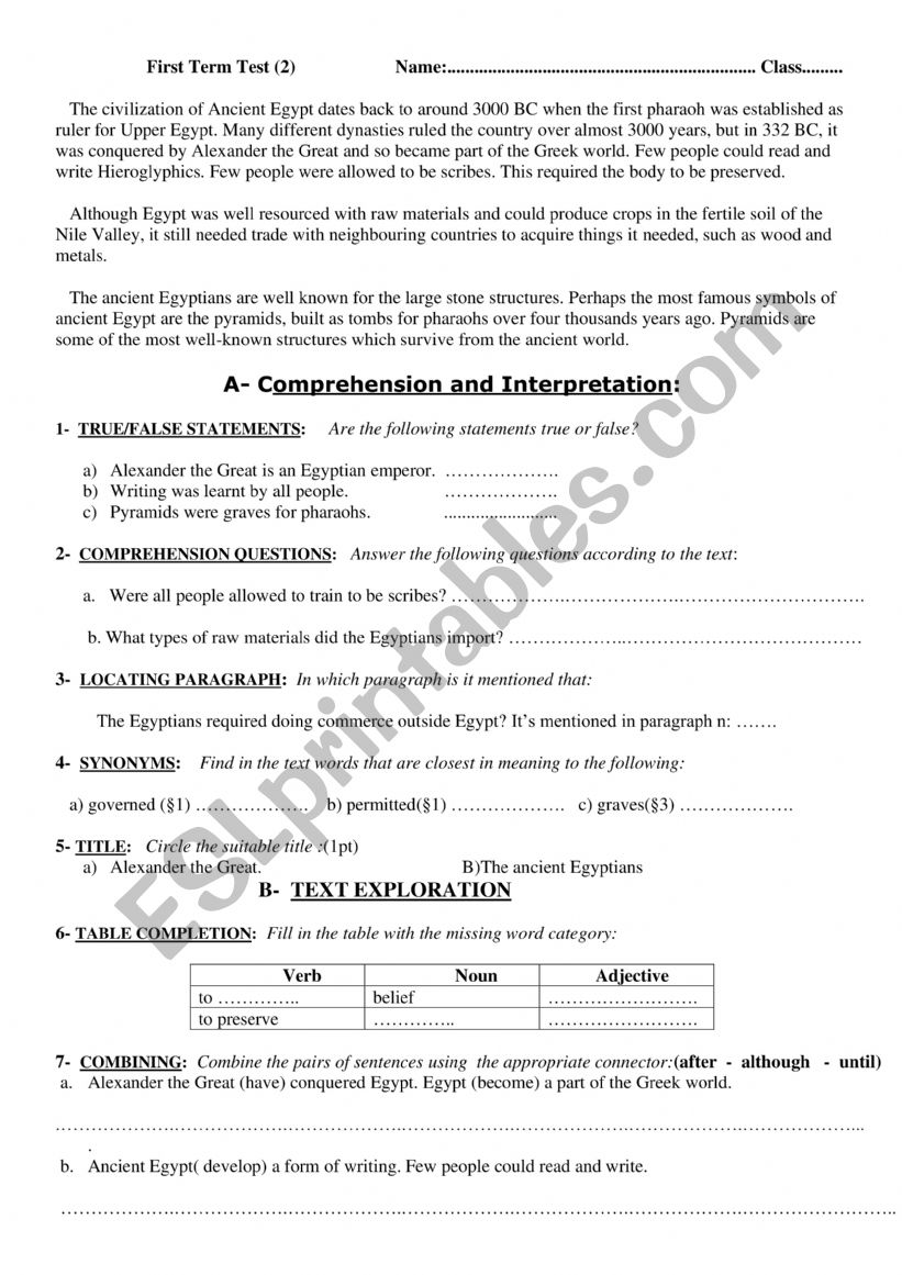 exam worksheet