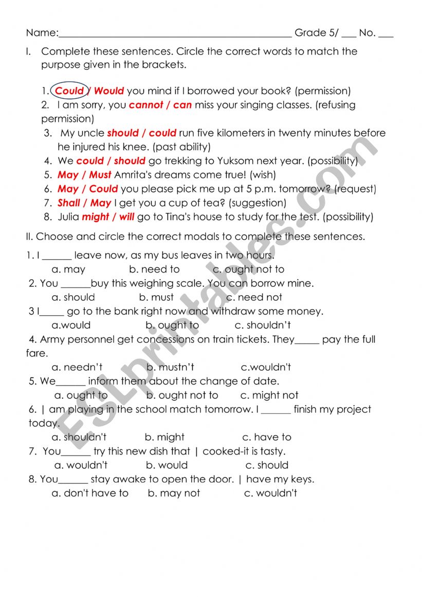 Modal Verbs worksheet