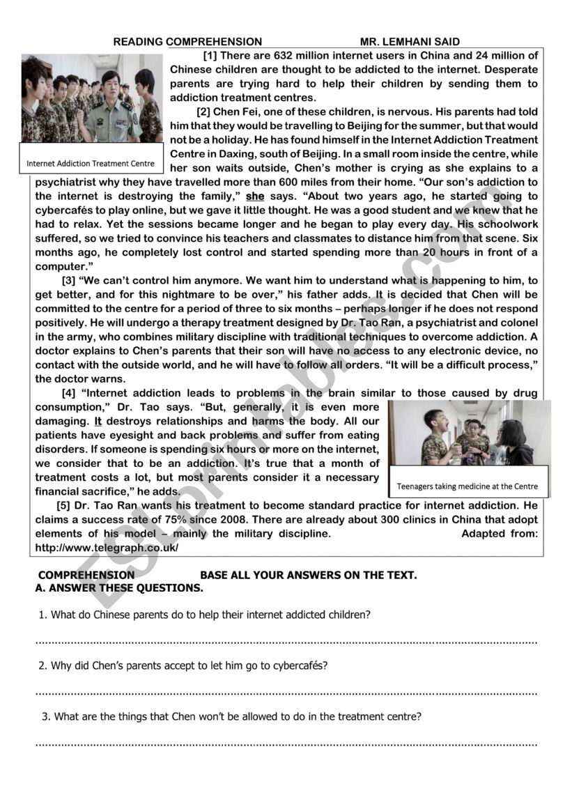 INTERNET ADDICTION IN CHINA worksheet