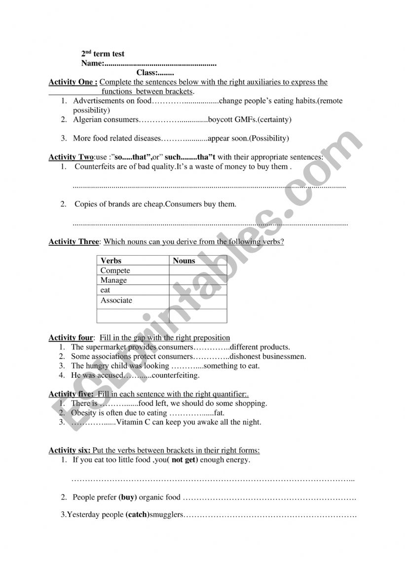 exam worksheet
