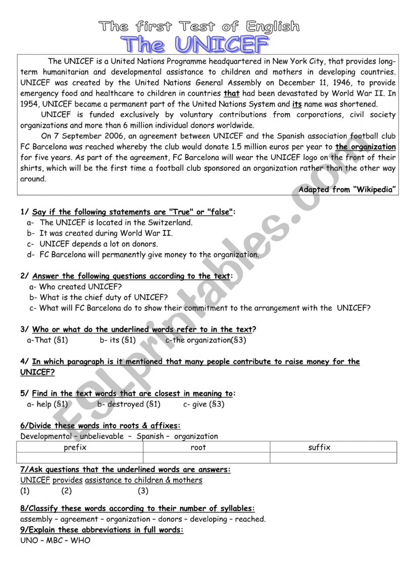 unicef exam worksheet