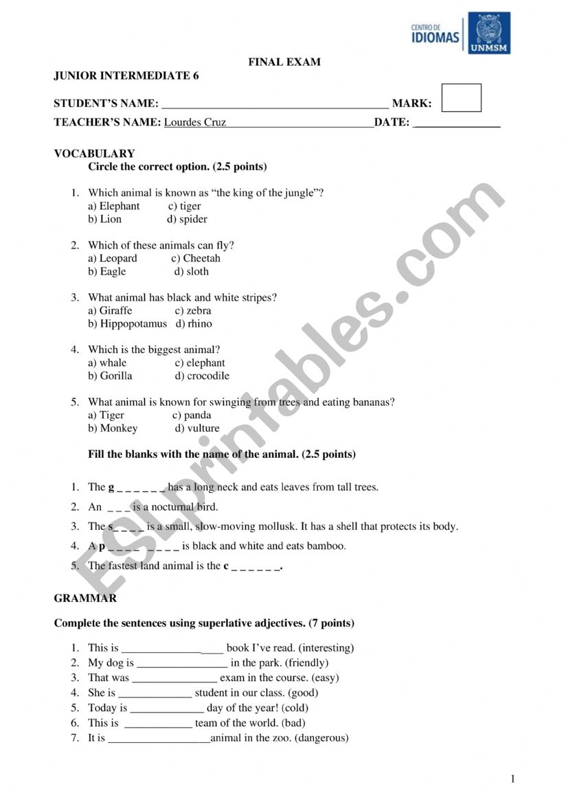 Animals exam worksheet