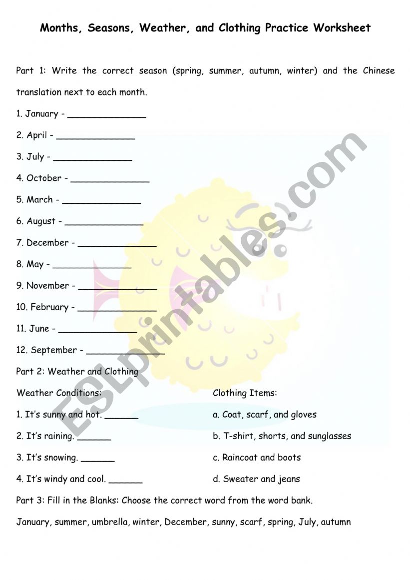 Months, Seasons, Weather, and Clothing