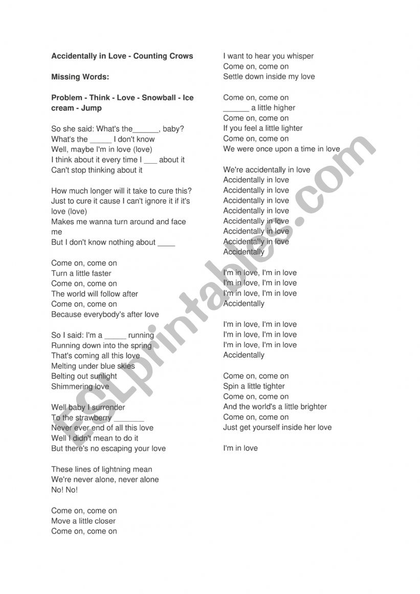 Song Activity - Accidentally in Love