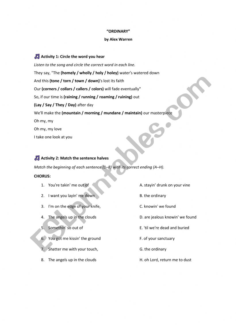 Ordinary,Alex Warren  worksheet