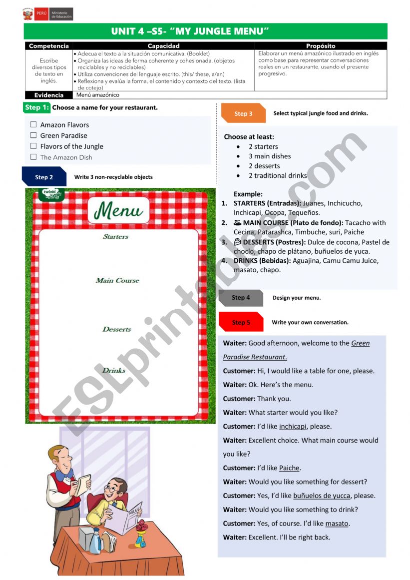 My jungle Menu worksheet