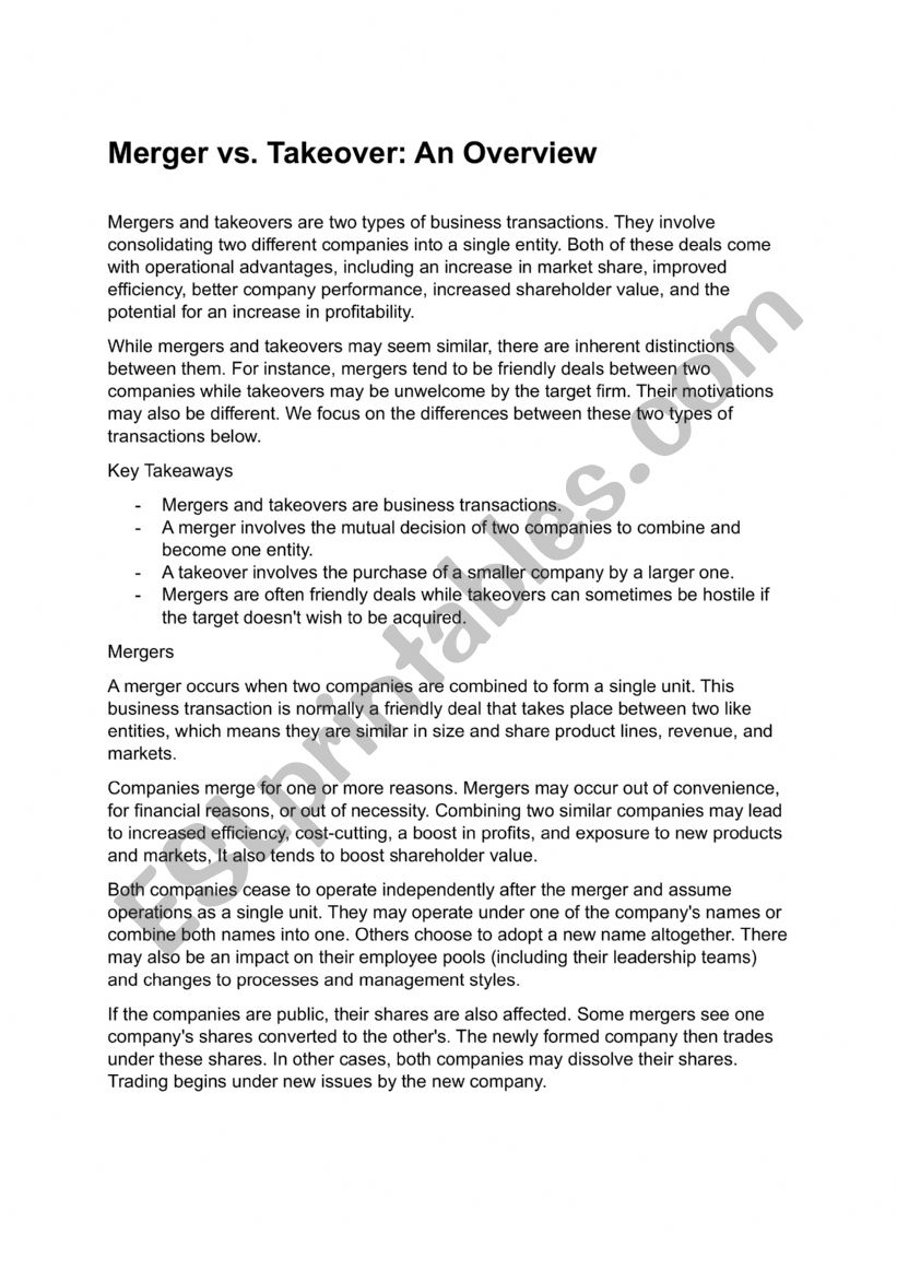 Mergers and acquisitions worksheet