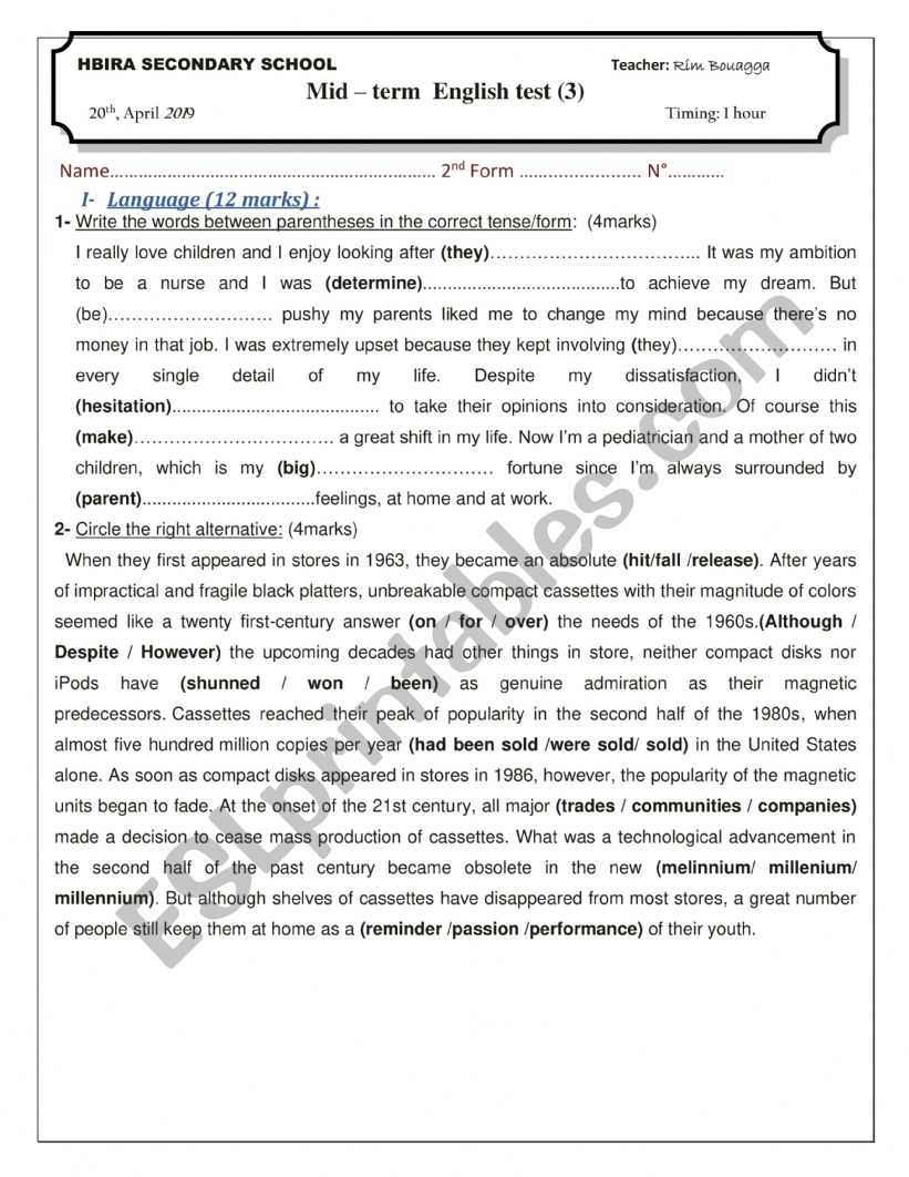 test for second year secondary education