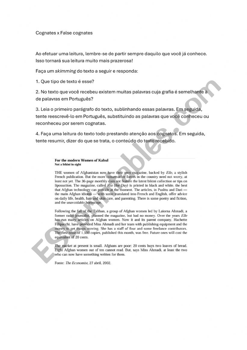Cognatos worksheet
