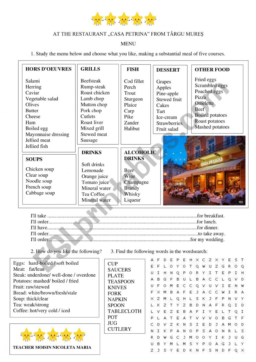 MENU - AT THE RESTAURANT ,,CASA PETRINA FROM TG. MURES