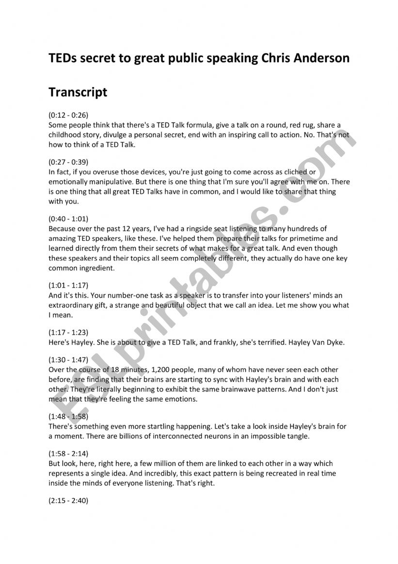 TED Talk Transcript Answer key- The Secret to Great Public Speaking