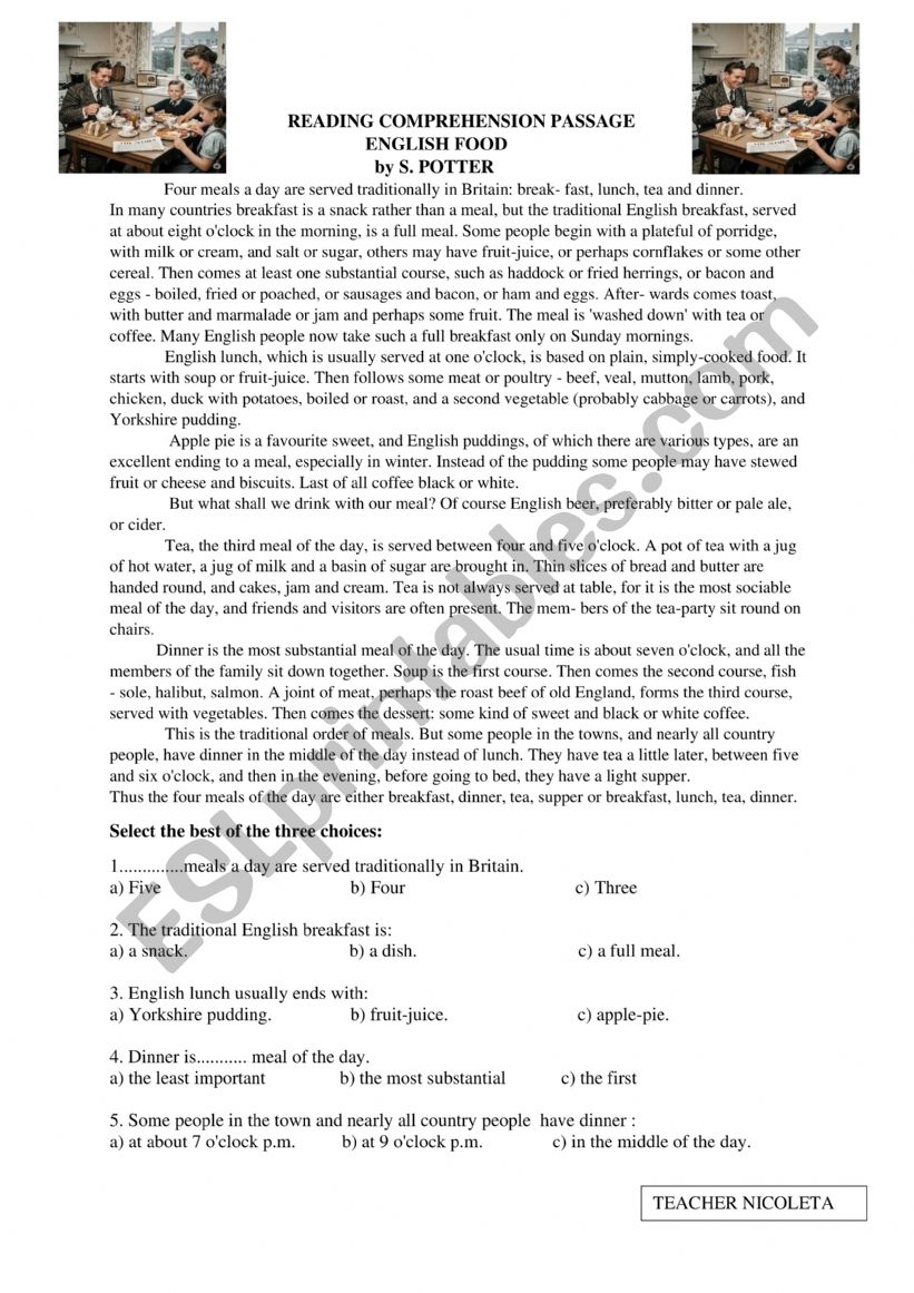 READING COMPREHENSION PASSAGE ABOUT ENGLISH FOOD