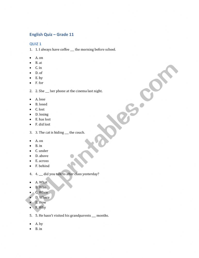 In/on/at worksheet