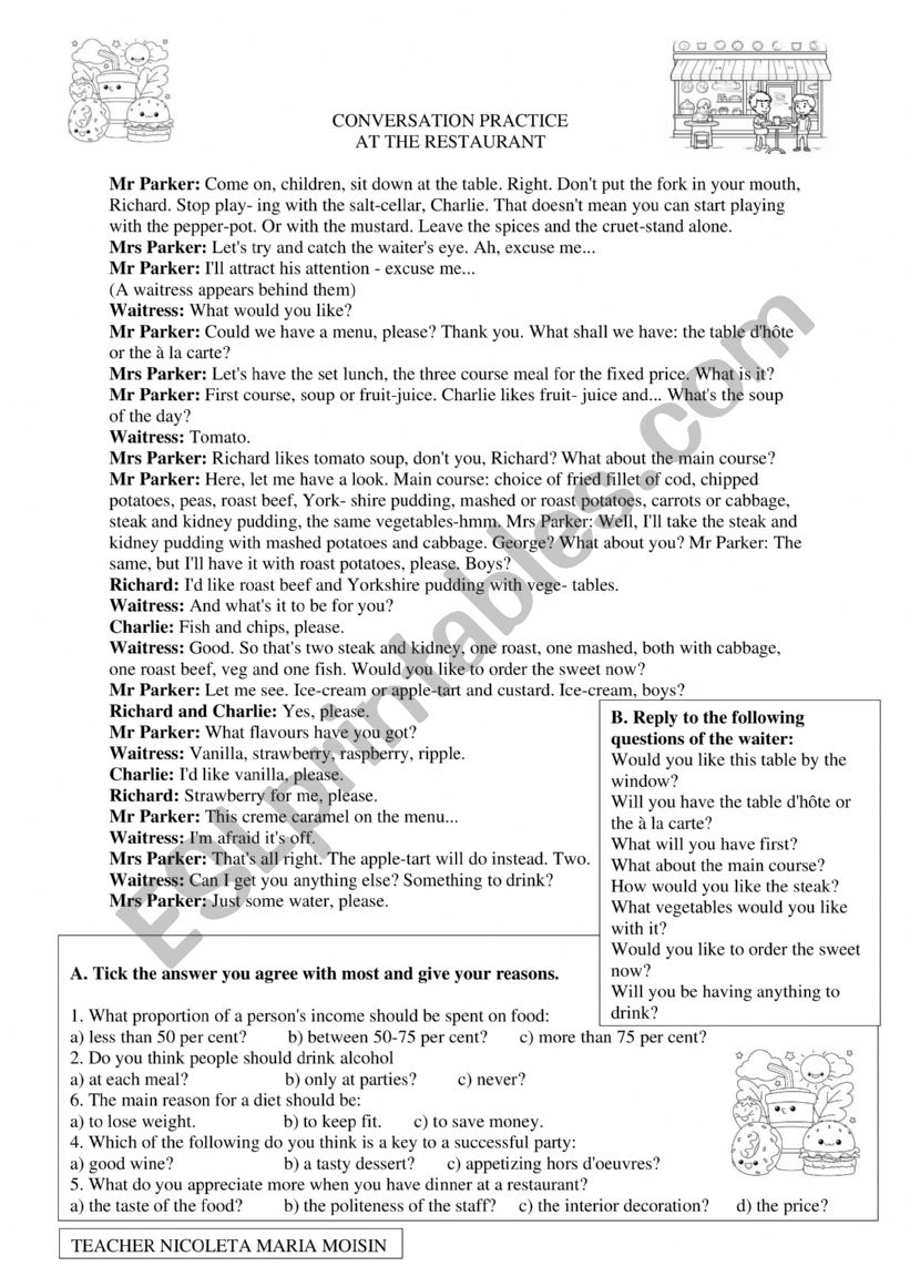 DIALOGUE - AT THE RESTAURANT  worksheet