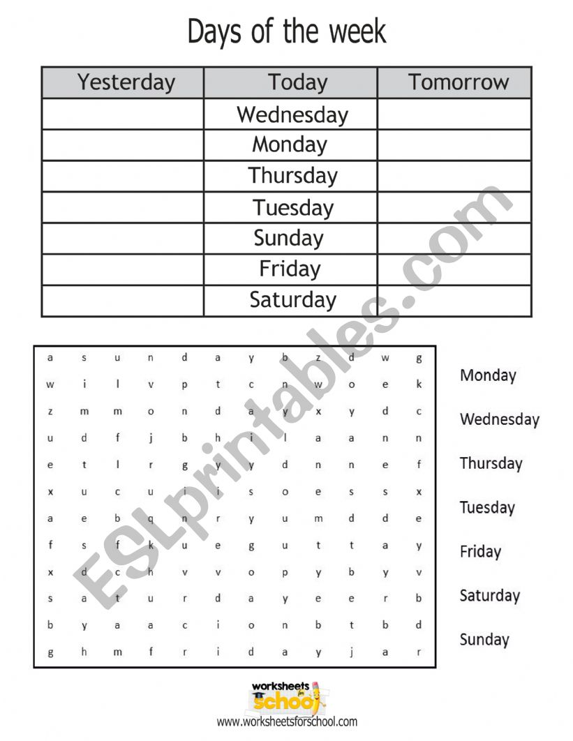 days of the week worksheet