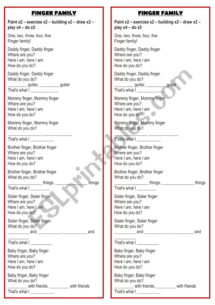 Finger family - song worksheet