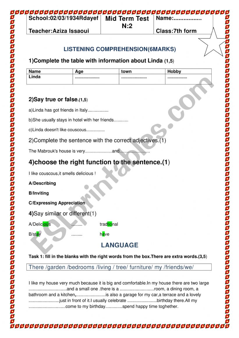 MID TERM TEST worksheet