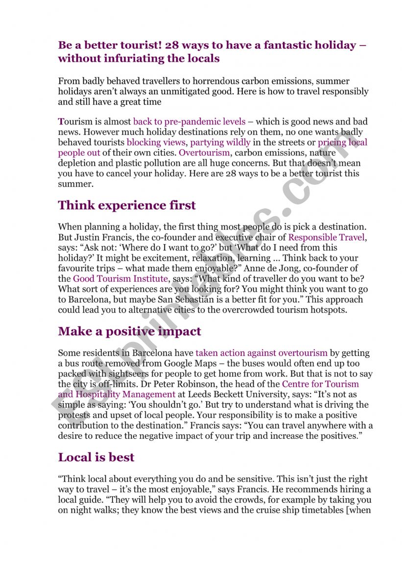 Be a better tourist worksheet