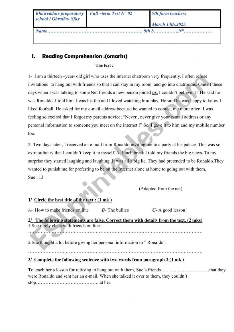 test 2  9th form worksheet