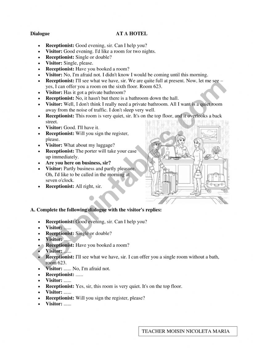 AT A HOTEL worksheet