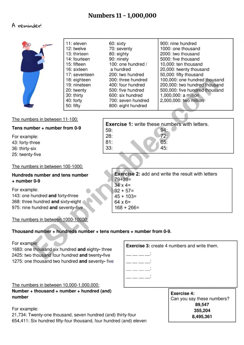 Numbers 11-1,000,000 worksheet