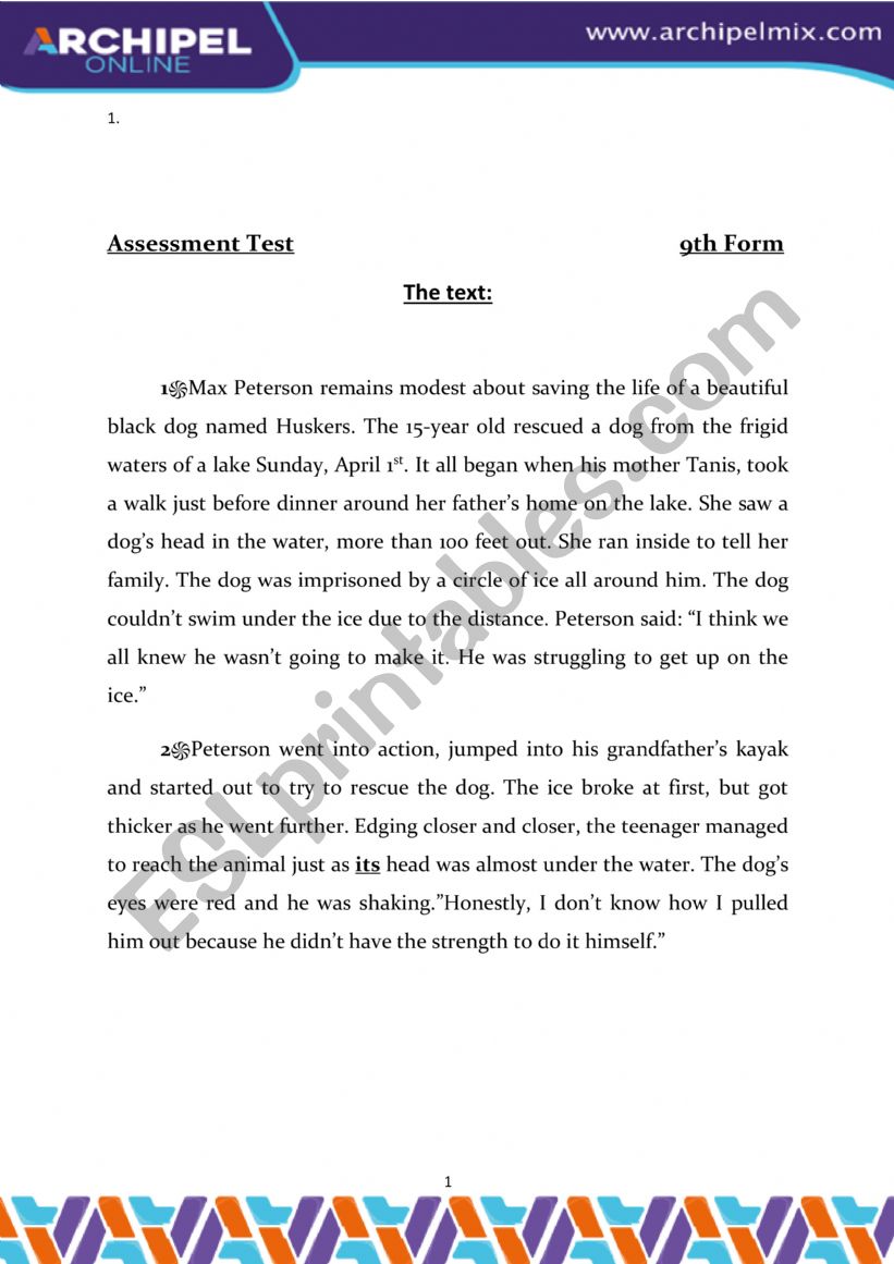 9th form assessment test worksheet