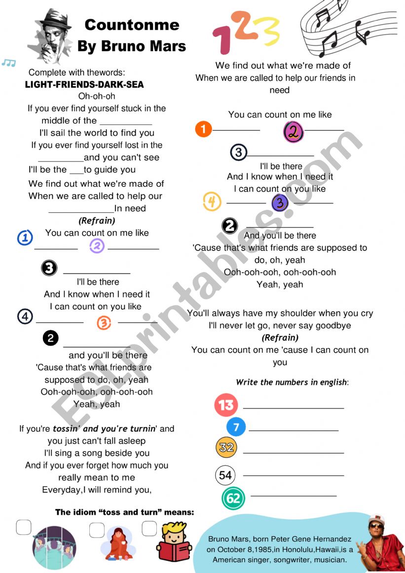 Count on me by Bruno Mars worksheet