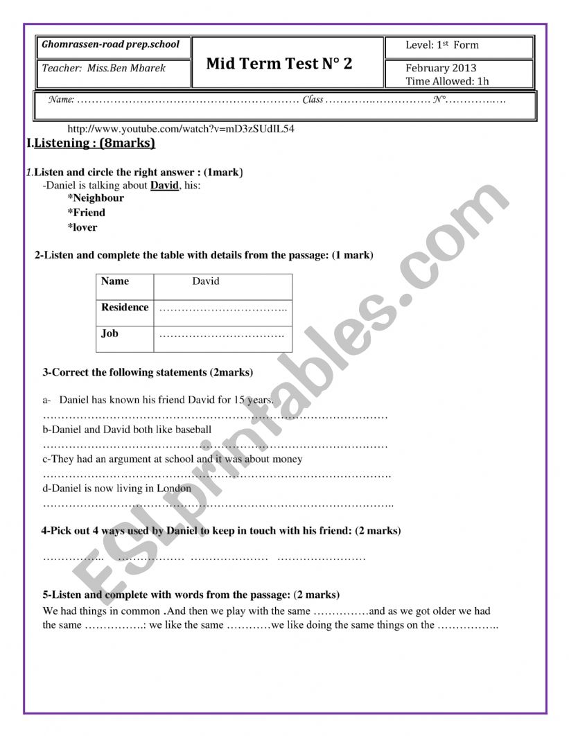 1st year mid term test n2 worksheet