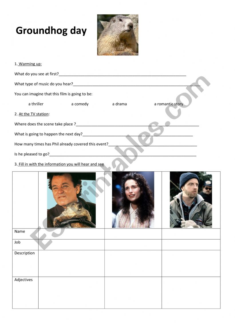 The groundhog day worksheet